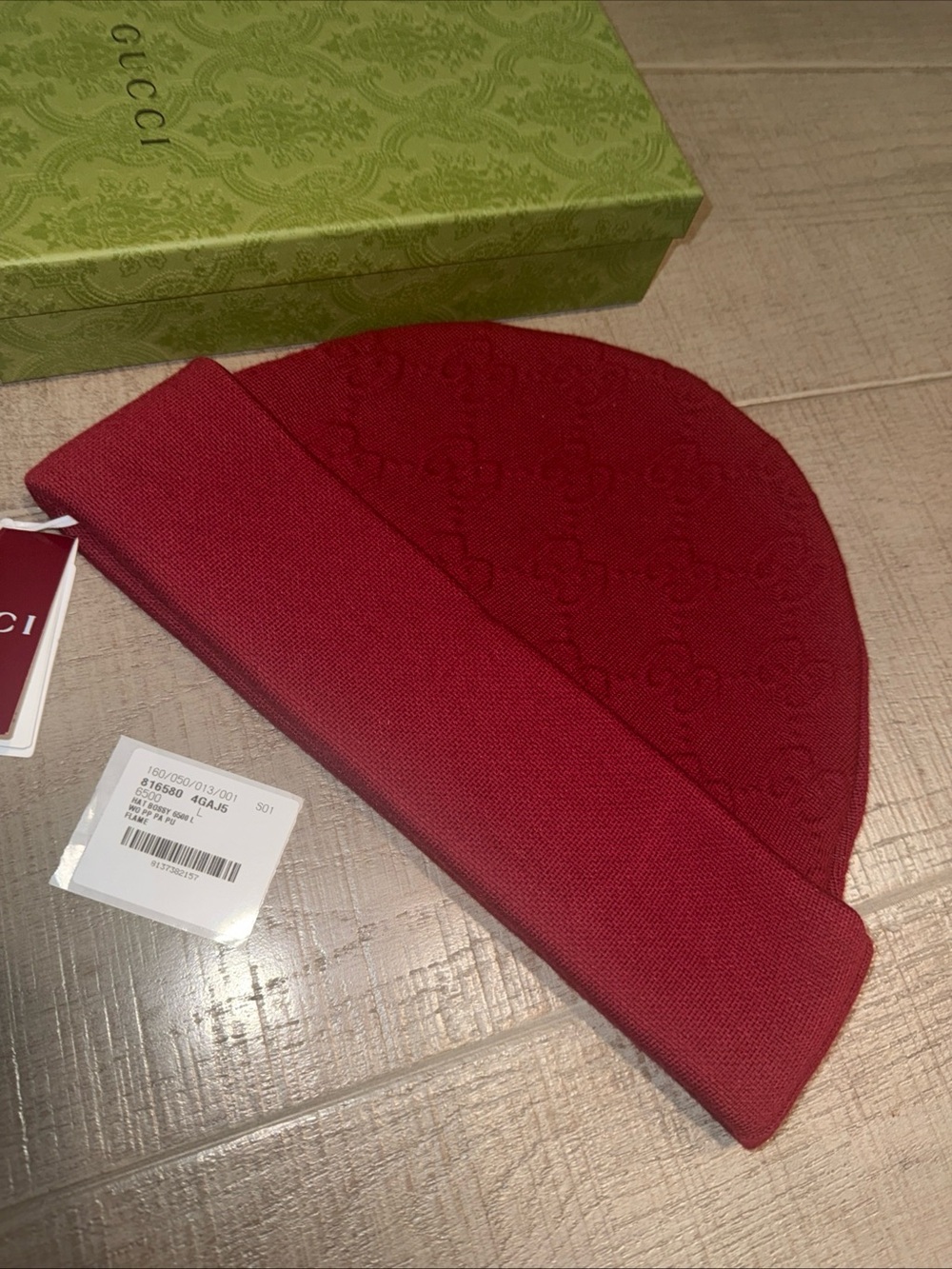 Gucci Red GG Jacquard Knit Cuffed Beanie
